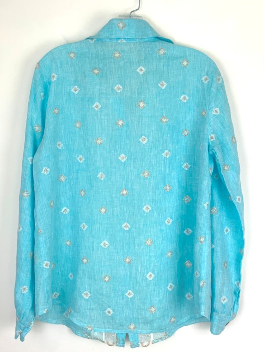 Temptation Positano Blue Straight Cut Embroidered Bohemian Linen Blouse Sz M - Picture 8 of 16